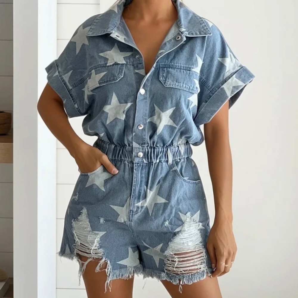 Bibi Vintage Star Print Denim Romper